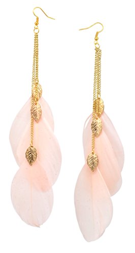 Long Chain Dangle Chandelier Style Three Feather Earrings Sexy Fashion Jewelry (Leaf Pink)