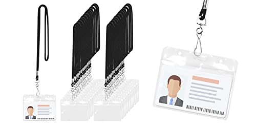 Black Badge Lanyard with ID Holder Name Tag Holder Horizontal for Name Badges 30 PCs