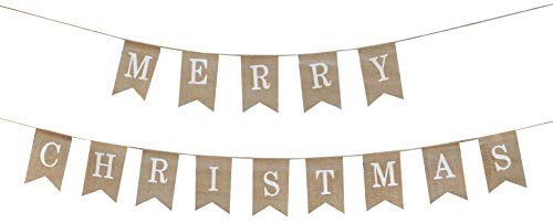 Merry Christmas Banner, Happy New Year Banner from Burlap, Fabric Pennant Bunting String, Pendant Flags Party Decoration