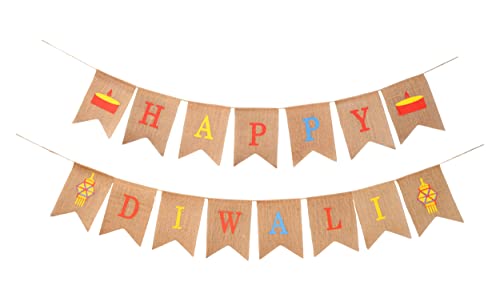 Mandala Crafts Burlap Happy Diwali Banner Decoration - Happy Diwali Decorations for House - Indian Diwali Festival of Lights Happy Diwali Sign Bunting Garland for Indoor Outdoor Diwali Party Decorations