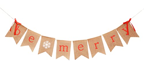 Mandala Crafts Burlap Be Merry Banner for Christmas Fireplace Decorations - Christmas Banner for Christmas Decorations - Merry Christmas Hanging Sign Christmas Mantle Decor