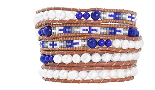 Stackable Bohemian Bracelet for Women Layering Freshwater Cultured Pearl Beaded Leather Boho Wrap Bracelet Hippie Multi Layered Bracelets for Women