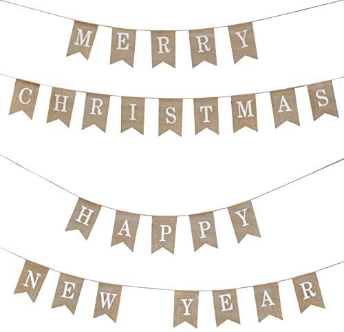 Merry Christmas Banner, Happy New Year Banner from Burlap, Fabric Pennant Bunting String, Pendant Flags Party Decoration