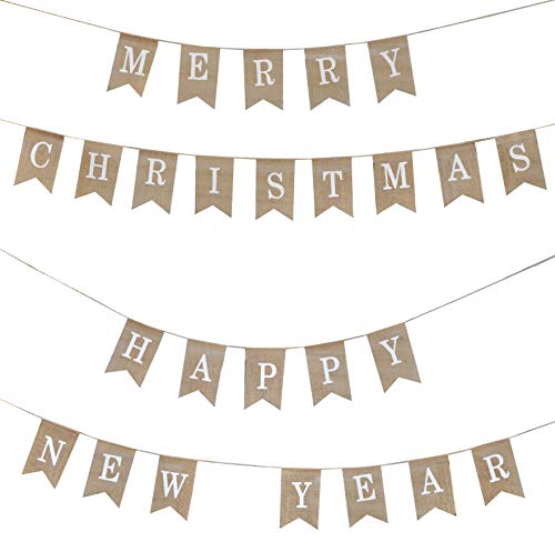 Merry Christmas Banner, Happy New Year Banner from Burlap, Fabric Pennant Bunting String, Pendant Flags Party Decoration