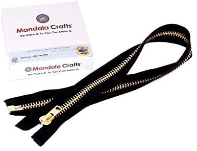 Metal Zipper for Sewing - Black Separating Coat Zipper Heavy Duty for Jackets, Replacements, Upholstery by Mandala Crafts Black Tape Gold Teeth Size 10 8 Inches 20 cm