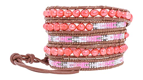 Stackable Bohemian Bracelet for Women Layering Freshwater Cultured Pearl Beaded Leather Boho Wrap Bracelet Hippie Multi Layered Bracelets for Women