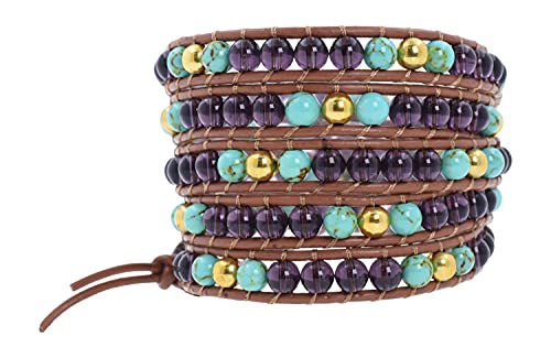 Stackable Bohemian Bracelet for Women Purple Beads Layering Beaded Leather Boho Wrap Bracelet