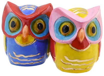 Mandala Crafts Pair of Small Colorful Cute Owl Statues Decorative Figurines Home Decor (Blue & Yellow)