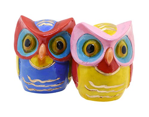 Pair of Small Colorful Cute Owl Statues Decorative Figurines Home Decor (Blue & Yellow)