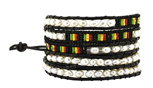 Stackable Bohemian Bracelet for Women Layering Freshwater Cultured Pearl Beaded Leather Boho Wrap Bracelet Hippie Multi Layered Bracelets for Women