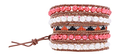 Stackable Bohemian Bracelet for Women Layering Freshwater Cultured Pearl Beaded Leather Boho Wrap Bracelet Hippie Multi Layered Bracelets for Women