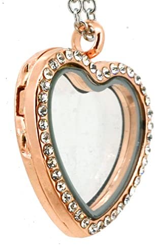 Heart See Through Glass Memory Floating Charm Locket Pendant Necklace (Copper Rhinestone)