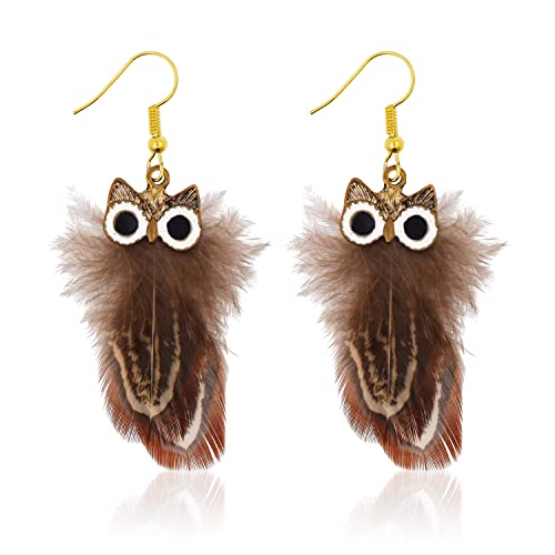 Mudra Crafts Boho Gold Owl Earrings for Women - Bohemian Earrings - Lightweight Feather Dangle Earrings Owl Feather Earrings for Girls