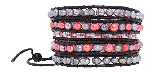 Stackable Bohemian Bracelet for Women Layering Freshwater Cultured Pearl Beaded Leather Boho Wrap Bracelet Hippie Multi Layered Bracelets for Women