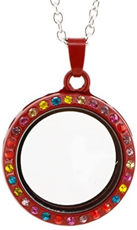 Round Glass See Through Memory Rhinestone Floating Charm Locket Pendant Necklace (Red)