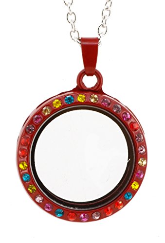 Round Glass See Through Memory Rhinestone Floating Charm Locket Pendant Necklace (Red)