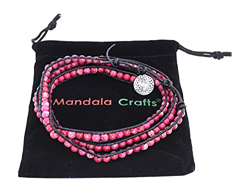 Stackable Bohemian Bracelet for Women Hot Pink Sea Sediment Jasper Layering Beaded Leather Boho Wrap Bracelet