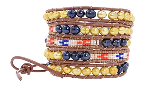 Stackable Bohemian Bracelet for Women Layering Freshwater Cultured Pearl Beaded Leather Boho Wrap Bracelet Hippie Multi Layered Bracelets for Women