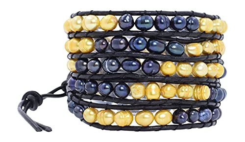 Leather Stackable Bohemian Bracelet for Women Layering Freshwater Cultured Pearl Beaded Leather Boho Wrap Bracelet