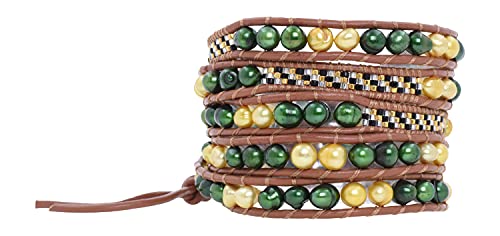 Stackable Bohemian Bracelet for Women Layering Freshwater Cultured Pearl Beaded Leather Boho Wrap Bracelet Hippie Multi Layered Bracelets for Women