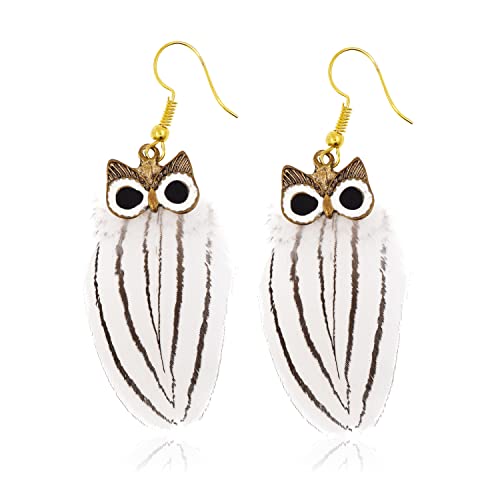 Mudra Crafts Boho Gold Owl Earrings for Women - Bohemian Earrings - Lightweight Feather Dangle Earrings Owl Feather Earrings for Girls