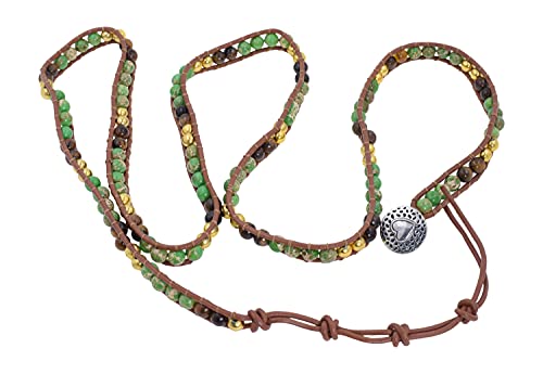 Stackable Bohemian Bracelet for Women Green Sea Sediment Jasper Tiger Eye Layering Beaded Leather Boho Wrap Bracelet