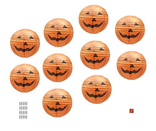 Halloween Paper Jack-O-Lantern, Orange Pumpkin Lamp with Led Lights, 12-Inch, Set of 10