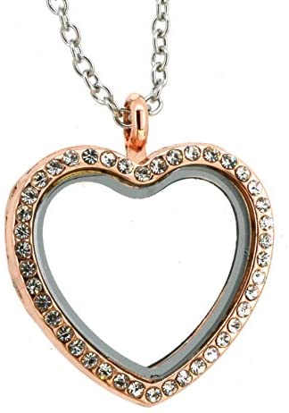 Heart See Through Glass Memory Floating Charm Locket Pendant Necklace (Copper Rhinestone)