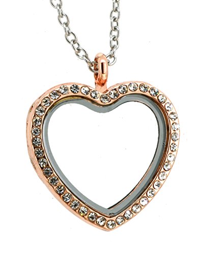 Heart See Through Glass Memory Floating Charm Locket Pendant Necklace (Copper Rhinestone)
