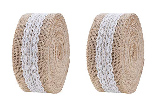 Burlap Ribbon with Lace Unwired 20 Yards Rustic Jute Ribbon for Crafts, Mason Jars, Weddings, Party Decoration; by Mandala Crafts