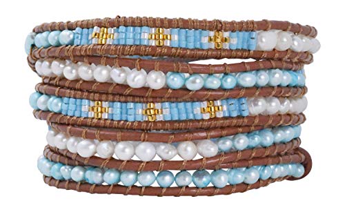 Stackable Bohemian Bracelet for Women Layering Freshwater Cultured Pearl Beaded Leather Boho Wrap Bracelet Hippie Multi Layered Bracelets for Women