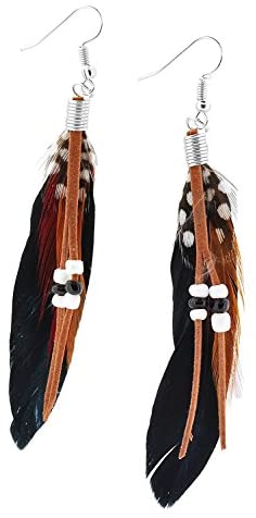 Tibetan Indian Style Feather and Leather String Earrings- Black Tones