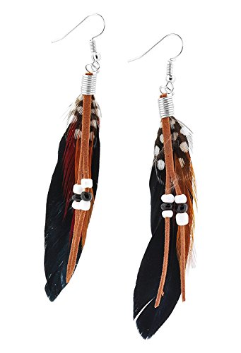 Tibetan Indian Style Feather and Leather String Earrings- Black Tones