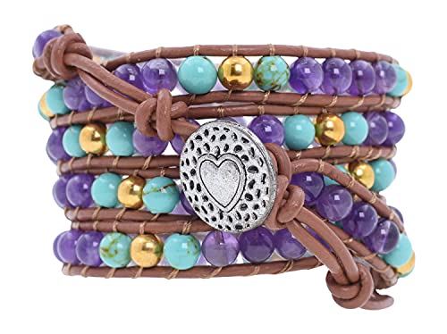 Stackable Bohemian Bracelet for Women Purple Blue Layering Beaded Leather Boho Wrap Bracelet