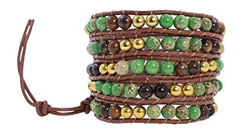 Stackable Bohemian Bracelet for Women Green Sea Sediment Jasper Tiger Eye Layering Beaded Leather Boho Wrap Bracelet