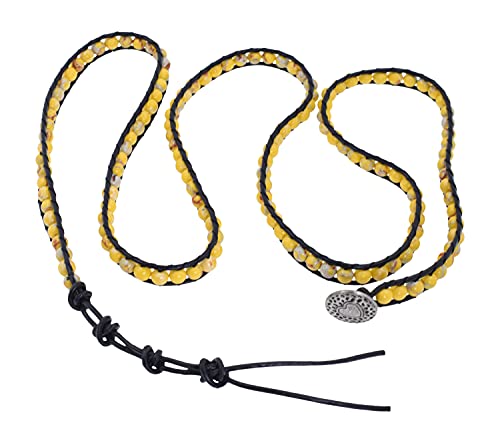 Stackable Bohemian Bracelet for Women Yellow Sea Sediment Jasper Layering Beaded Leather Boho Wrap Bracelet