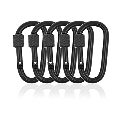 Black Locking Carabiner Clip - Aluminum Carabiner D Shape Buckle - 5 PCs Carabeaner Hook Screw Lock Carabiner Clips for Spring Snap Keychain Clip Gate