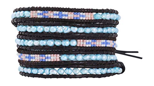 Stackable Bohemian Bracelet for Women Layering Freshwater Cultured Pearl Beaded Leather Boho Wrap Bracelet Hippie Multi Layered Bracelets for Women