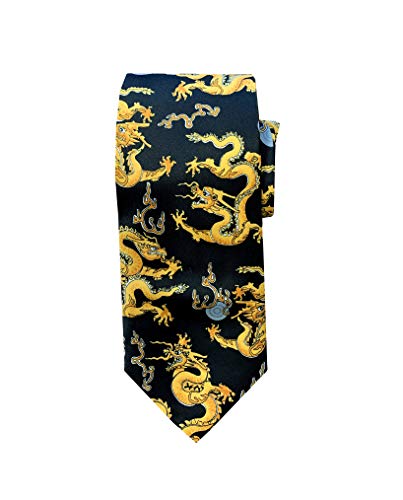 Chinese Dragon Tie, Panda Tie, Exotic Novelty Necktie Gift for Men; by Mandala Crafts (Dragon Polyester, Black)