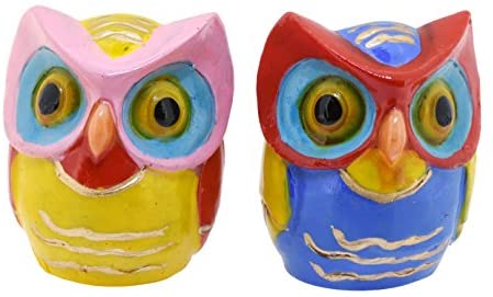 Mandala Crafts Pair of Small Colorful Cute Owl Statues Decorative Figurines Home Decor (Blue & Yellow)