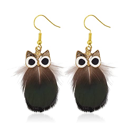 Mudra Crafts Boho Gold Owl Earrings for Women - Bohemian Earrings - Lightweight Feather Dangle Earrings Owl Feather Earrings for Girls