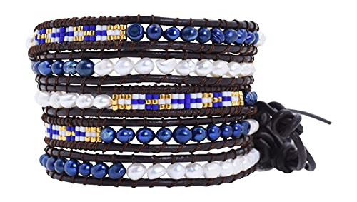 Stackable Bohemian Bracelet for Women Layering Freshwater Cultured Pearl Beaded Leather Boho Wrap Bracelet Hippie Multi Layered Bracelets for Women