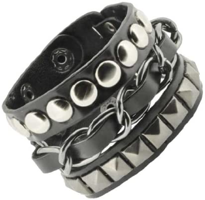 Wide Black PU Leather Metal Chain Layer Bracelet, Punk Bracelet