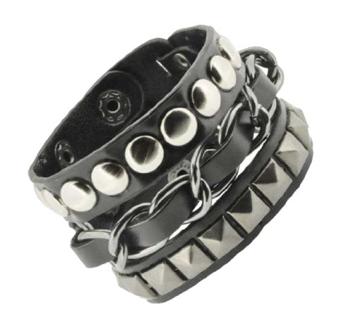 Leather Biker Bracelet for Men Women - Punk Bracelet for Men Women - Black Gothic Bracelet Layered Punk Studded Bracelet with Metal Chain