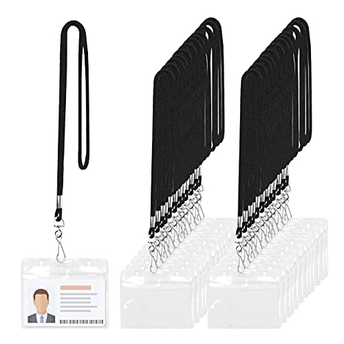 Black Badge Lanyard with ID Holder Name Tag Holder Horizontal for Name Badges 30 PCs