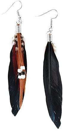 Tibetan Indian Style Feather and Leather String Earrings- Black Tones