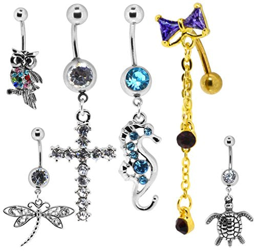 Mandala Crafts Bow Seahorse Cross Dangle Cute Belly Button Ring Body Jewelry for Navel Piercings