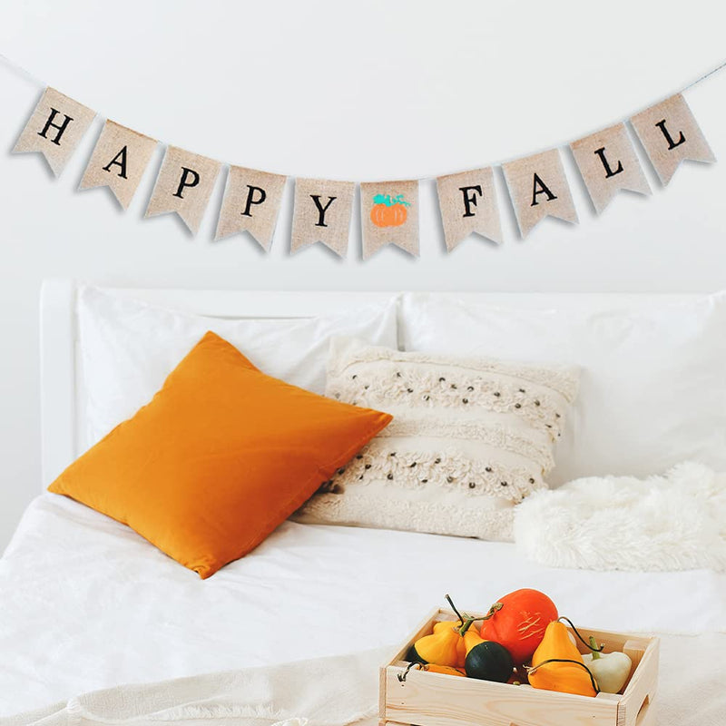 Happy Fall Burlap Banner Sign - Fall Festival Banner Thanksgiving Banner for Fireplace Mantel Happy Fall Decor