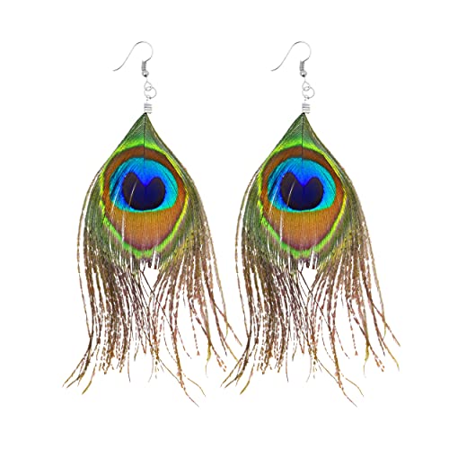 Mudra Crafts Peacock Feather Earrings for Women Girls Lightweight Boho Feather Dangle Earrings Natural Feather Earrings Large Peacock Earrings for Women