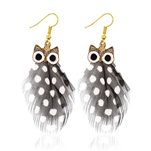 Mudra Crafts Boho Gold Owl Earrings for Women - Bohemian Earrings - Lightweight Feather Dangle Earrings Owl Feather Earrings for Girls